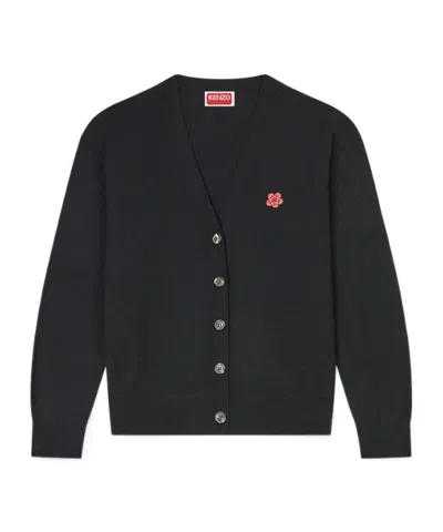 Kenzo Boke Flower Embroidered V-neck Cardigan In Black