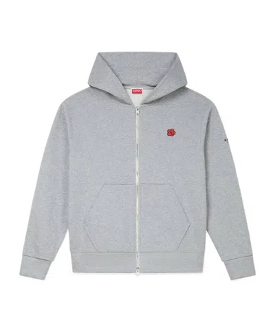 Kenzo Boke Flower Embroidered Zipped Hoodie In Gray