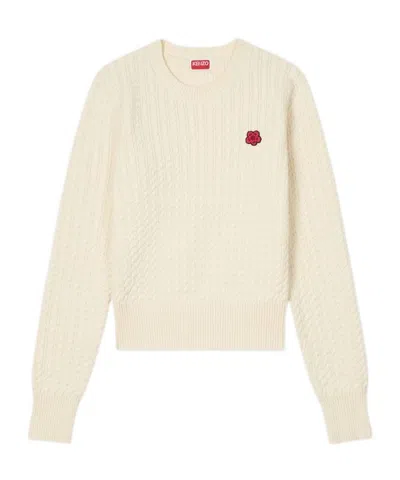 Kenzo Cable Knit Crew Neck Sweater Ribbed Trims In White