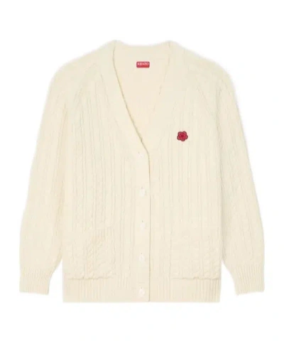 Kenzo 'boke Flower' Loose Knit Cardigan In Cotton And Wool In Neutral