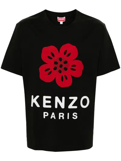 Kenzo Floral Stamp Short Sleeve Crew Neck T-shirt In Black
