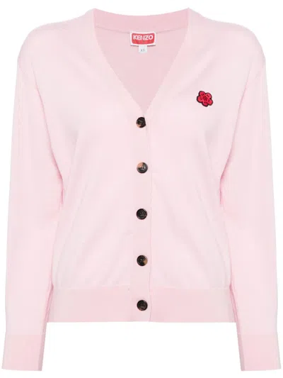 Kenzo Boke Flower Crest Wool Cardigan In Pink