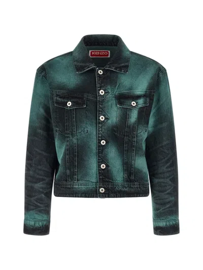 Kenzo Blazer Chest Pockets Distressed Nylon Silk In Blue