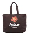 Kenzo Brown Cotton Shopping Bag With Flower Print And Logo  In Brown