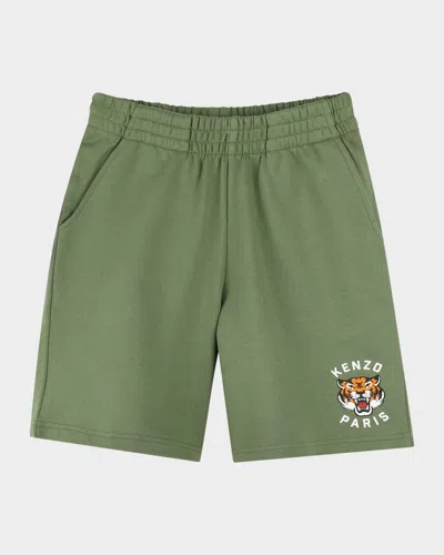 Kenzo Kids' Boy's Logo-print Bermuda Fleece Shorts In Green