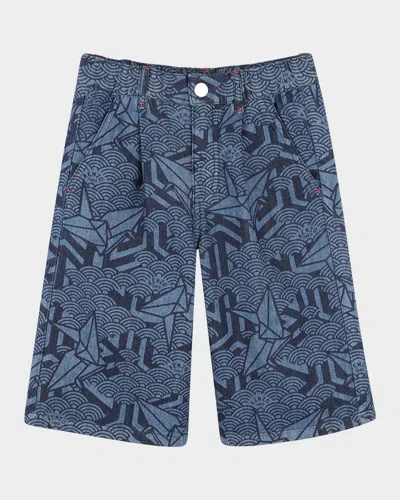 Kenzo Kids' Boy's Printed Denim Shorts W/ Logo Badge In Blue