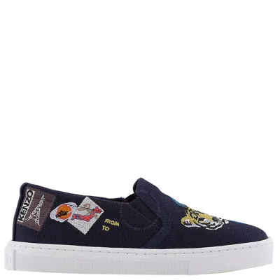 Kenzo Boys Navy Tiger Logo Print Slip-on Sneakers In Blue