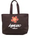 Kenzo Brown Cotton Shopping Bag With Flower Print And Logo  In Brown