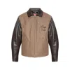 Kenzo Leather-sleeved Embroidered Jacket Coats Beige In Brown