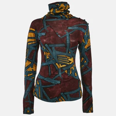 Pre-owned Kenzo Brown/blue Printed Jersey High Neck Top L