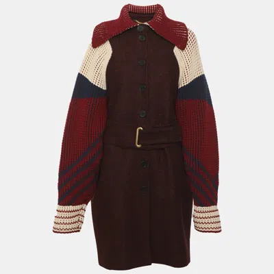 Pre-owned Kenzo Burgundy/multicolor Wool Blend And Rib Knit Belted Trench Coat M