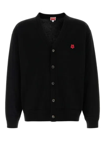 Kenzo Button-front Black Wool Cardigan With Embroidered Motif