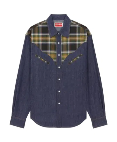 Kenzo Checked-panel Denim Shirt In Blue