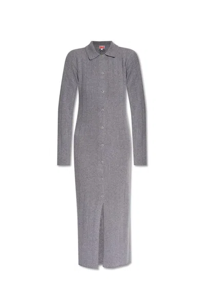 Kenzo Collared Knitted Dress In Grey