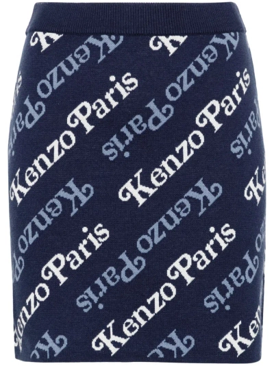 Kenzo By Verdy Allover Logo Wool Blend Skirt In Blue