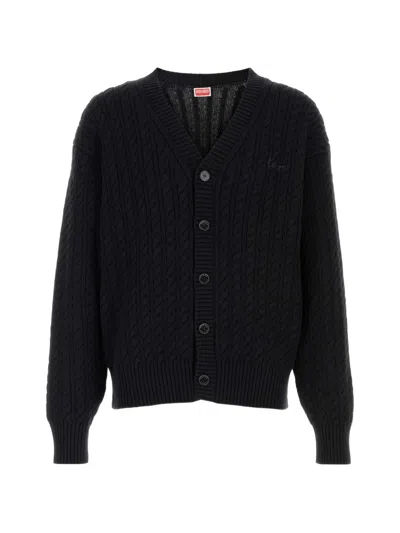 Kenzo Cotton Blend Cardigan Cable Knit V Neckline In Black