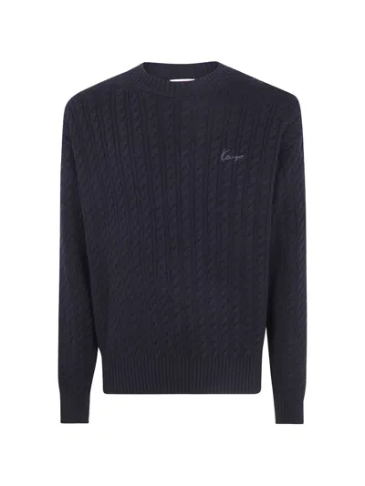 Kenzo Cable-knit Embroidered-logo Sweater In Black