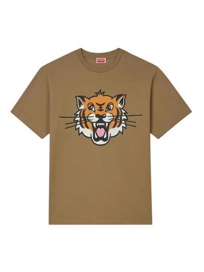 Kenzo Tiger Motif Crew Neck T-shirt In Brown