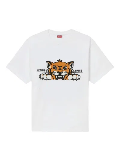 Kenzo 'gots Happy Tiger' White Crewneck T-shirt With Maxi Logo Embroidery On The Front And Logo Lettering