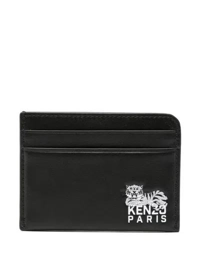 Kenzo Tiger-logo Leather Cardholder In Black