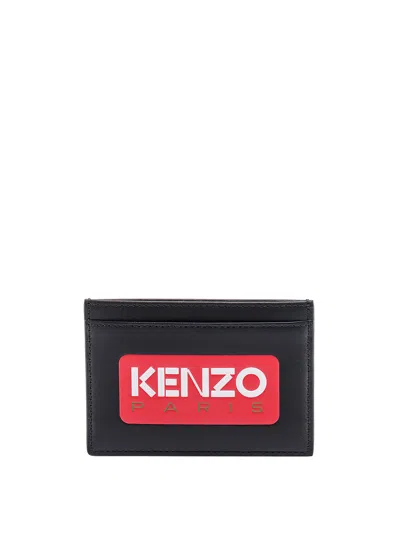 Kenzo Leather Logo-patch Cardholder In Nero