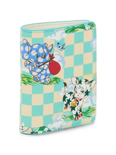 Kenzo Cartoon Check-pattern Animal-print Wallet In Green