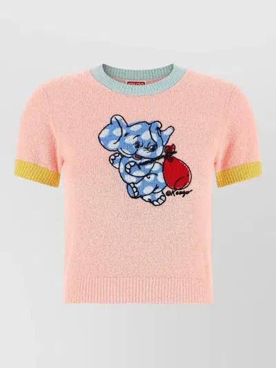Kenzo Cartoon Elephant Short Sleeve Knit Top In Multi