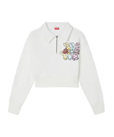 Kenzo ' Cartoon' Embroidered Cropped Polo Sweatshirt In Cotton In Gray