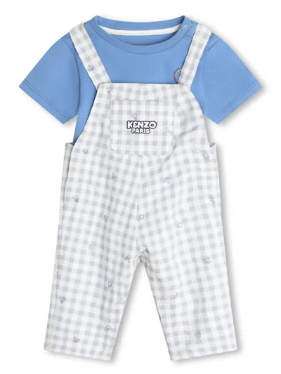 Kenzo Babies' Checked Cotton Dungarees Set In Blue