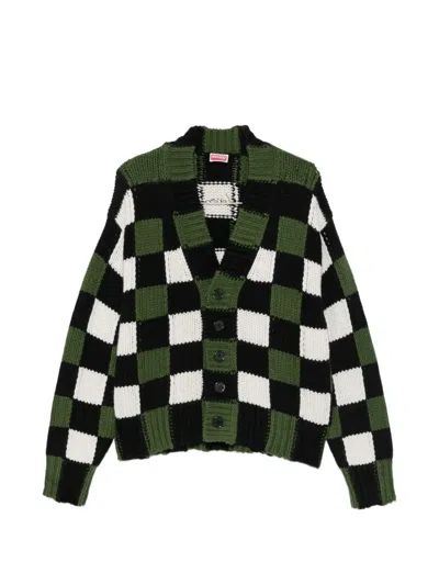 Kenzo Checkered Intarsia-knit Cardigan In Green