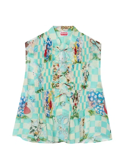 Kenzo Floral Cropped Collared Sleeveless Ruffled Top In Blue