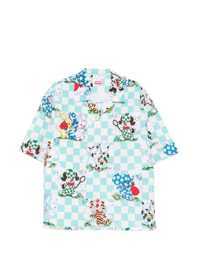 Kenzo Cartoon Hawaiian Camp Collar Check Shirt In Blue