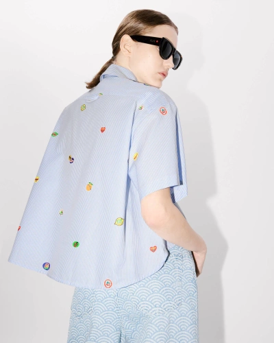 Kenzo Chemise Courte ' Fruit Stickers' Femme Bleu Ciel In Sky Blue