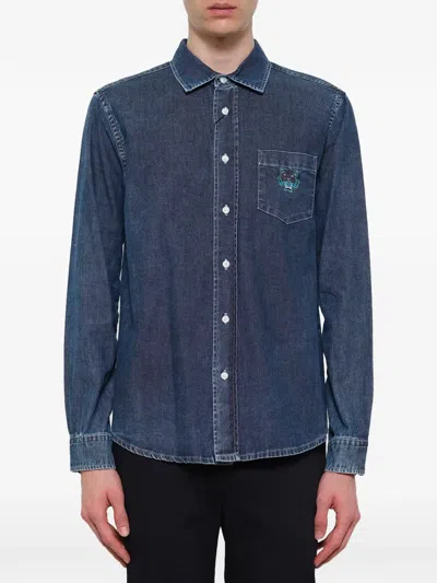Kenzo Classic Tiger-patch Denim Shirt In Blue