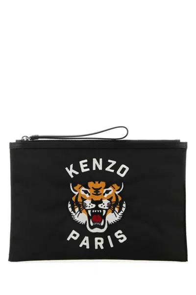 Kenzo Clutch Bag With Tiger Head Embroidery And Logo In Black