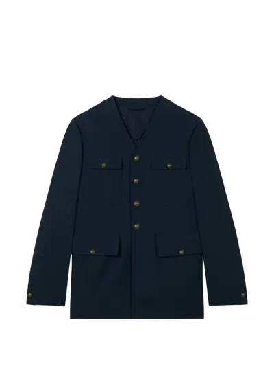 Kenzo Collarless Pocket-details Button-up Jacket In Blue