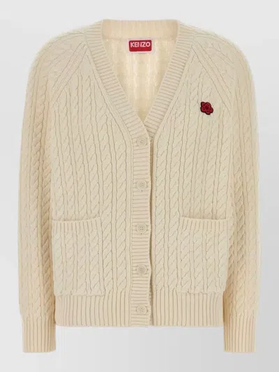 Kenzo Cotton Blend Cardigan Cable Knit Pockets In White