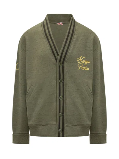 Kenzo Cotton Cardigan With Logo Embroidery In Khaki