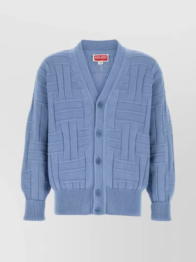 Kenzo Cotton Cardigan With Textured Pattern And V-neckline In Blue