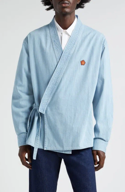 Kenzo Cotton Denim Kimono Jacket In Stone Bleach Denim