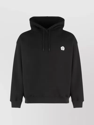 Kenzo Cotton Hoodie Ribbed Edges In Black