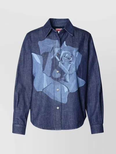 Kenzo Cotton Shirt With Cuff Sleeves And Printed Design In Blue