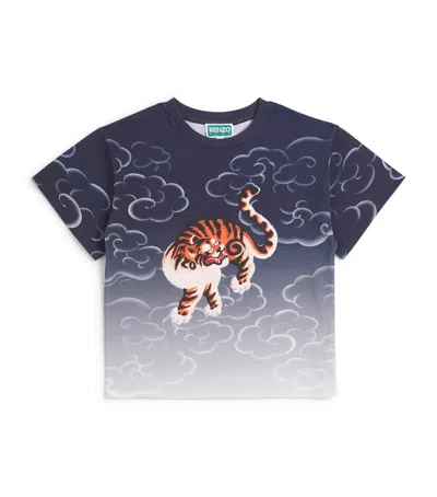 Kenzo Kids' Cotton Tiger Clouds Print T-shirt In Blue