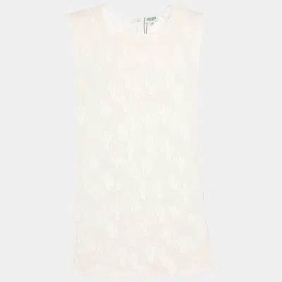 Pre-owned Kenzo Cream Brocade Fabric Sleeveless Tops M In White