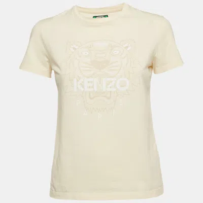 Pre-owned Kenzo Cream Flock Tiger Print Crewneck T-shirt S In White