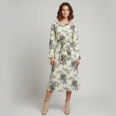 Pre-owned Kenzo Cream Floral Print Cotton And Linen Blend Belted Midi Dress L In White