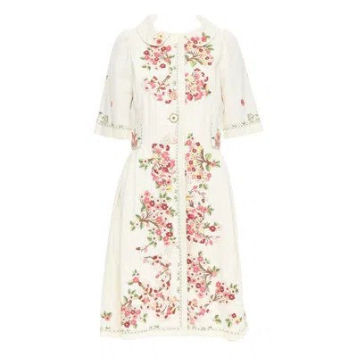 Pre-owned Kenzo Cream Pink Floral Embroidery Cotton Peter Pan Coat Dress Fr38 M In White