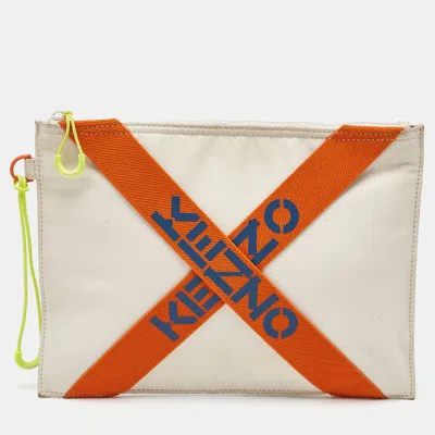 Pre-owned Kenzo Cream/orange Criss Cross Logo Print Nylon Zip Pouch