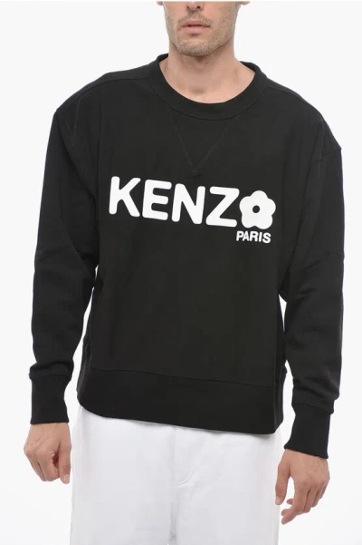 Kenzo Crew Neck Cotton Sweatshirt With Embossed Print In Black