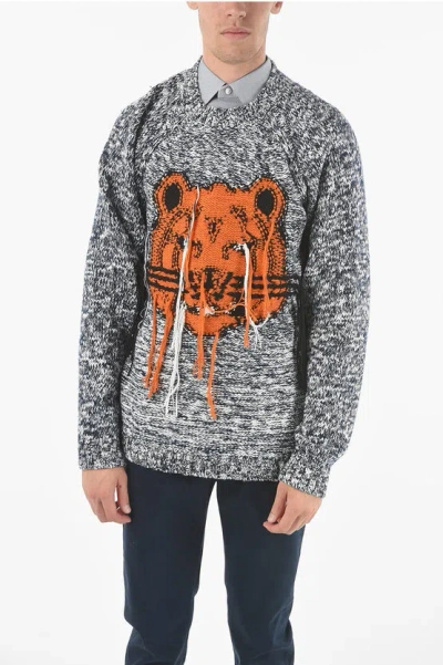 Kenzo Crew Neck Distressed Embroidery K-tiger Sweater In Gray